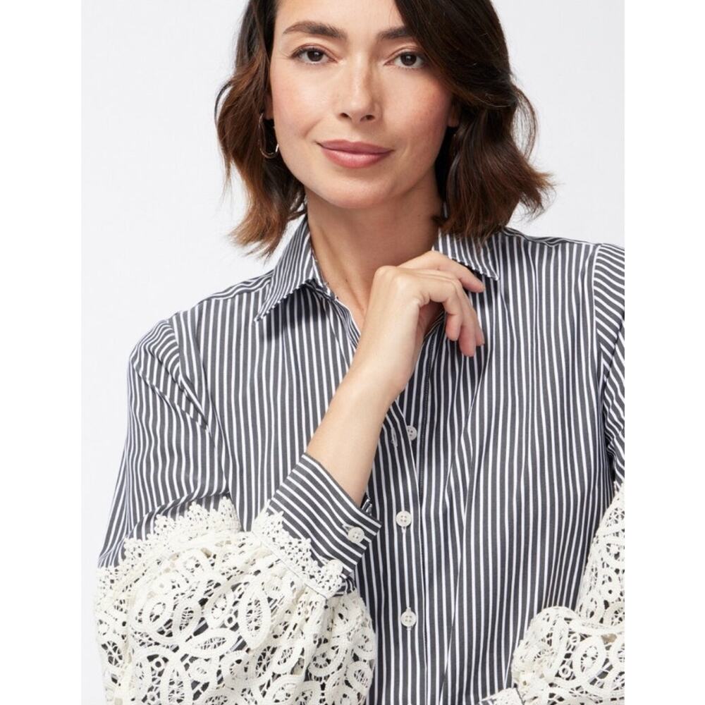 Chico's Poplin Stripe Crochet Puff Sleeve Button Front Shirt Top Blouse sz 10 US - Picture 1 of 10